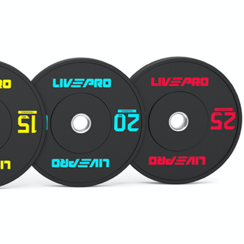 Weight variants 15kg, 20kg and 25kg of the rubber bumper from Livepro