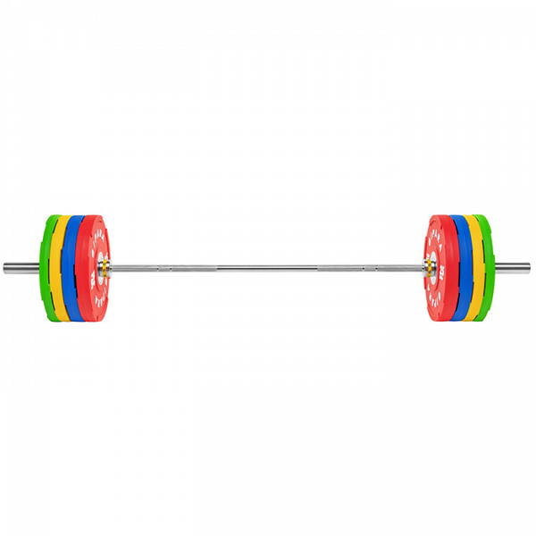 Olympic barbell fully loaded with polyurethane bumper plates
